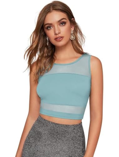 Image of LONDON BELLY Women's Solid Pattern Polyester Blend Net Crop Top with Round Neck Sleeveless Short Length Pull On Closure Type and Modern Style | Tops for Women Western