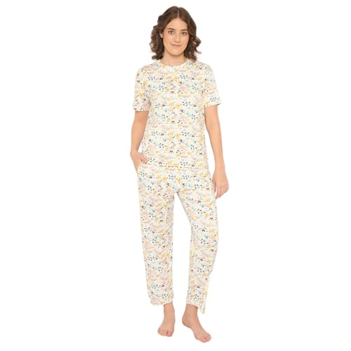 Image of CAMEY Women's Printed Pyjama Set, Short Sleeve T-Shirt and Trousers, Women Nightsuit, Loungewear Sets