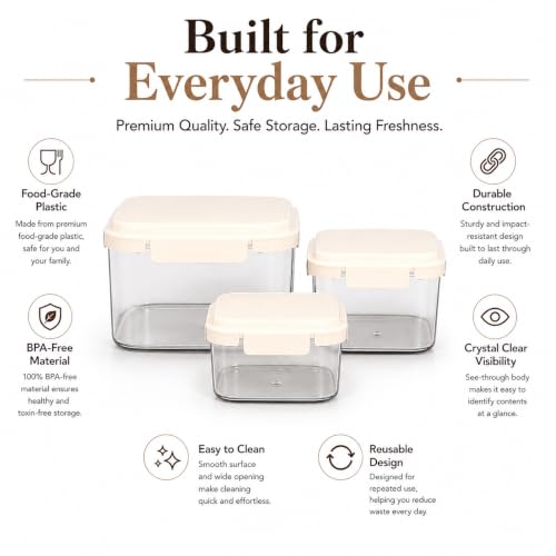 Image of Vasukie 3-Big Piece Airtight Plastic Food Storage Containers - Big Square Nesting Meal Prep Containers with Cream Airtight Locking Lids - Clear BPA-Free Kitchen & Pantry Storage Box Set