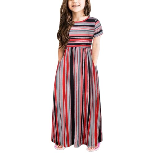 Maxi Floor Striped Smocked Dress for Teen Girls Kids Short Sleeve Formal Wedding Birthday Party Cotton Soft Dresses