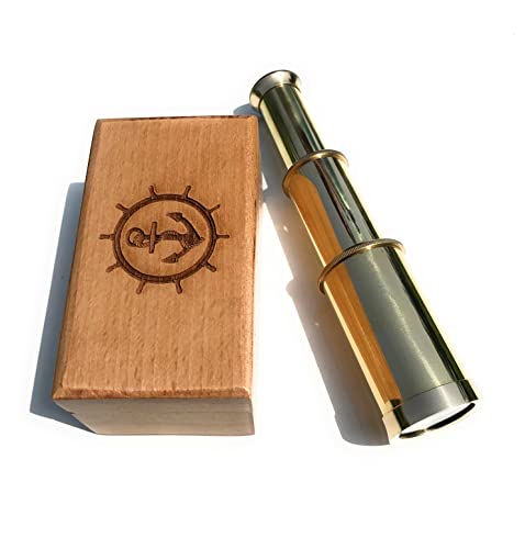Brass Telescope Pirate Spyglass with Personalized Wooden Box 6 Inch Handheld Nautical Sailor Gift (Engraved Sign 1)
