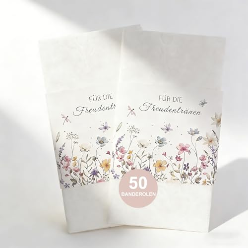 50 Stück Freudentränen Taschentücher Banderole Hochzeit Papiertüten mit Klebepunkte Freudentränen Taschentuchhalter Blume Verpackung für Hochzeitsdeko Gastgeschenke Hochzeit Zubehör Dekoration