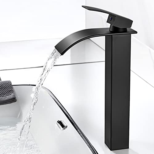 kisimixer Robinet Salle de Bain Cascade, Moderne Robinet Lavabo Noir Cascade Haut, Mitigeur Lavabo Cascade avec bec Hauteur 237 mm, Robinetterie Carré en Laiton Eau Chaude et Froide Disponible G 3/8