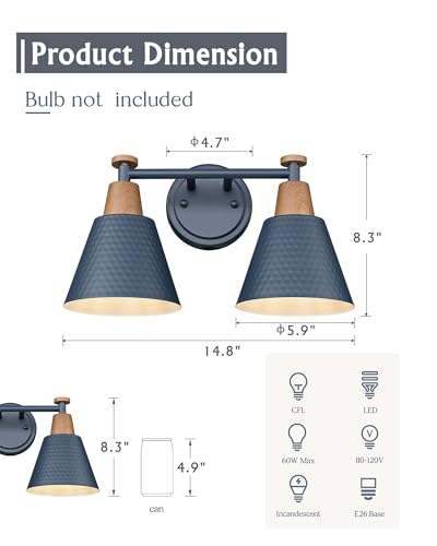 Image of FEMILA 2 Light Bathroom Vanity Light, 15 inch Modern Bathroom Lighting Fixtures Over Mirror, with Woodgrain Finsih, 4FG59B-2W Blue-NW