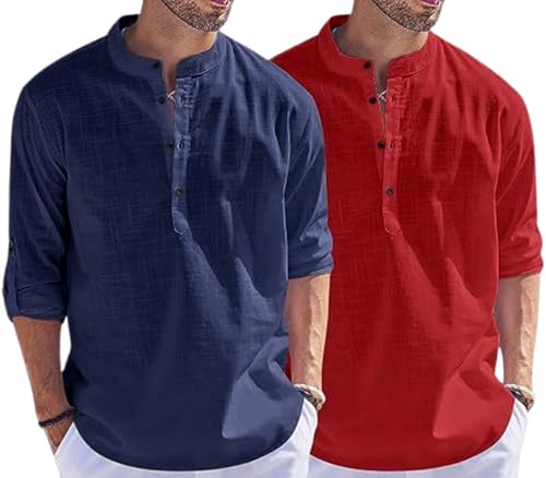 Image of Men's Cotton Blend Straight Kurta Shirt Combo with Mandarin Collar - Slim Fit Casual Short Kurti Set Featuring Textured Slub Fabric and Roll-Up Full Sleeves