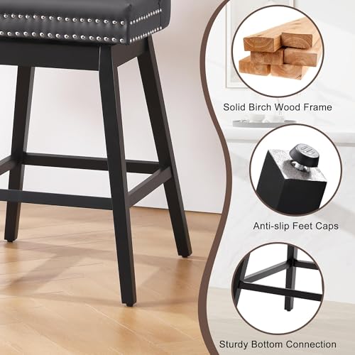 Image of Grey Leather Swivel Bar Stools Set of 6 with Back, 26 Inch Counter Height Chairs, Solid Wood Legs, Tufted Seat, Comfortable and Stylish for Kitchen, Island, Home Bar(Grey, 6 Pack, 26 inch H)