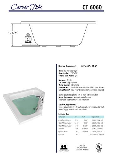 Carver Tubs - Ct6060 - Whirlpool Corner Bathtub W/ 4 Hydromassage Jets- 60"L X 60"W X 19.5"H - White Corner Triangular Acrylic Two Person Tub - Vibrosonic #TOP3