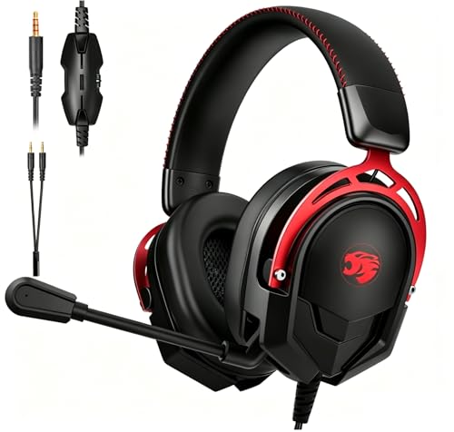 Image of K98 Gaming Headset with Mic, Wired Over Ear Headphones for PC, PS5, PS4, Xbox One, 50mm Stereo Surround Sound, Aluminum Frame, Memory Foam Ear Cushions, Noise Cancelling Mic (Black /Red)