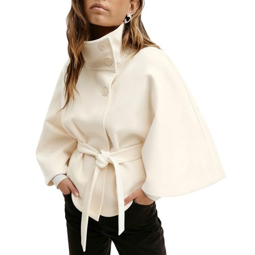 Womens Batwing Sleeve Poncho Pea Coats Elegant Stand Collar Capes Jacket Cloak Belted Fall Trendy Casual Outerwear