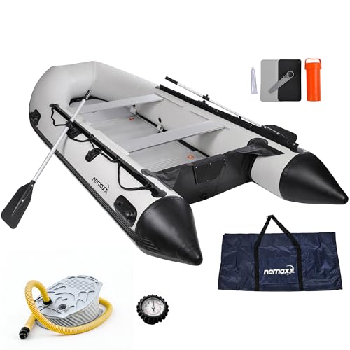 NEMAXX® Profi Schlauchboot 330 cm für 5 Personen – Paddel-, Angel- & Ruderboot – Kategorie C, 505 kg, Aluboden, motorisierbar bis 11 kW/15 PS – inkl. 2 Paddel, Pumpe, Manometer, Tasche & Reparaturset