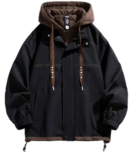 Image of FTIMILD Mens Fake Two Pieces Windbreaker Spring and Fall Vibrant Color Block Coat Lightweight Jacket with Hood