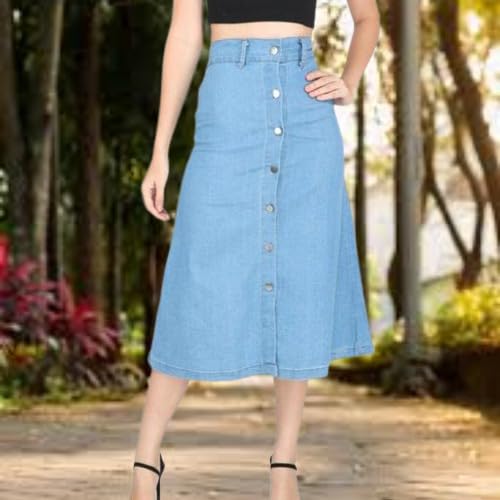 Image of Straight Stylish Comfortable Long Two Button Up Slit Dobby Denim Skirt for Women & Girls