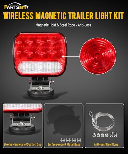 Image of Partsam Wireless LED Trailer Light Kit Magnetic Towing Tail Light Portable Universal Stop Turn Running Backup Reverse Red+Clear Lens w / 7-Pin Plug Dual USB Cable Charger for Trucks Trailers 12-24V