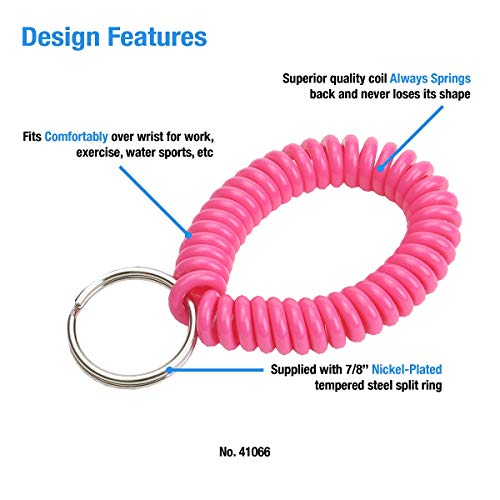 Lucky Line 2” Diameter Spiral Wrist Coil With Steel Key Ring, Flexible Wrist Band Key Chain Bracelet, Stretches To 12”, Neon Pink, 10 Pk (41066) #TOP1