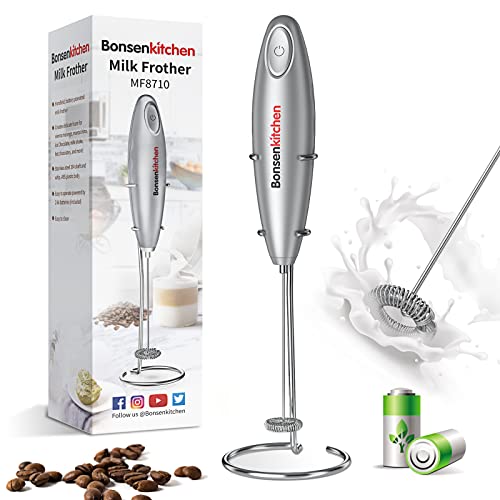 Mousseur à lait électrique de poche Bonsenkitchen pour la préparation de lattes, de cappuccinos et de chocolats chauds, avec batterie, tige et fouet en acier inoxydable