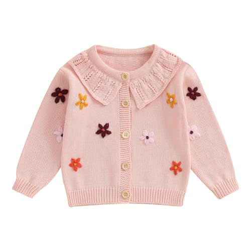 Toddler Baby Girl Fall Winter Clothes Cardigan Sweater Infant Knit Floral Knitwear Button Knitted Outwear Outfit (A Pink, 3-4 Years)