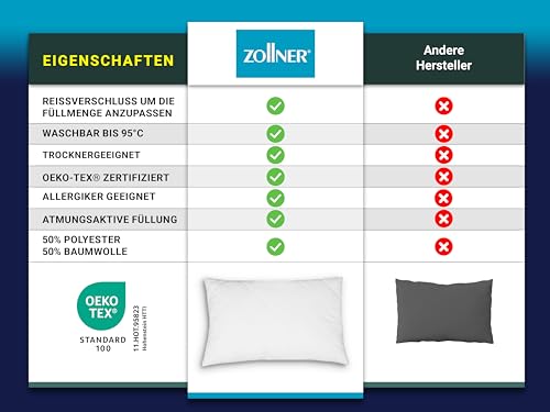 ZOLLNER Komfortables Kopfkissen - 50x80 cm - mit Reißverschluss – Individuell anpassbare Füllung aus Synthetikfasern - bis 95°C waschbar - Bezug aus Baumwollmischung - Hotelqualität