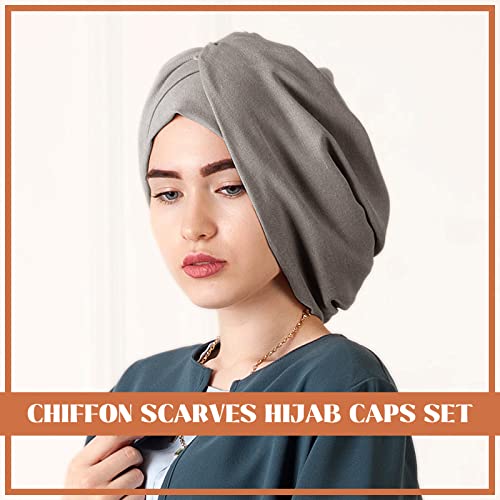 4 Pcs Women Chiffon Scarves 4 Pcs Hijab Caps Long Shawl Soft Wrap Scarves Islamic Muslim Underscarf Turban Caps Sleep Hats (Retro Colors) #TOP5