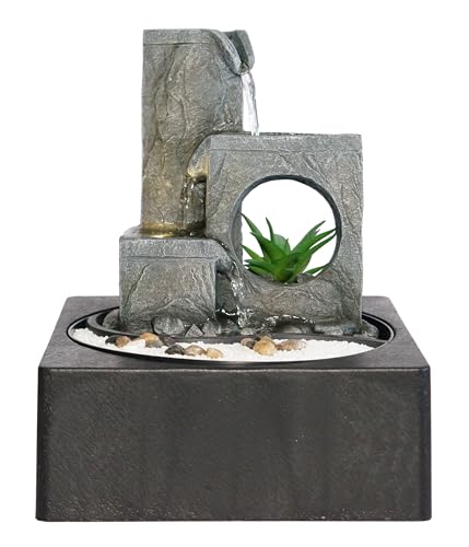 Dehner Zimmerbrunnen Mana, Indoor-Brunnen, mit LED-Beleuchtung, ca 23x27x23 cm, Polyresin, grau