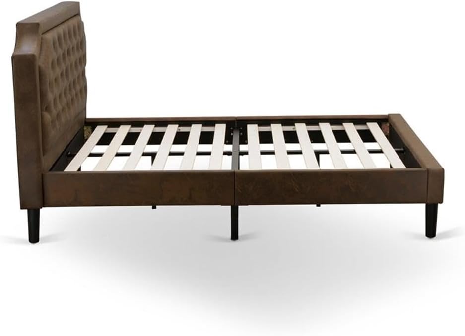 East West Furniture GB25Q-1GA07 2-Piece Granbury Wooden Set for Bedroom with Button Tufted Modern Bed and 1 Distressed Jacobean Night Stand - Dark Brown faux Leather with Black Texture and Black Legs