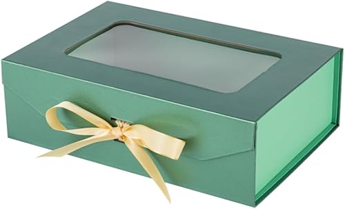 Caja de regalo verde para regalos con cinta de 10.8 x 7.5 x 3.5 pulgadas, caja de regalo transparente con cierre magnético de ventana, cajas de