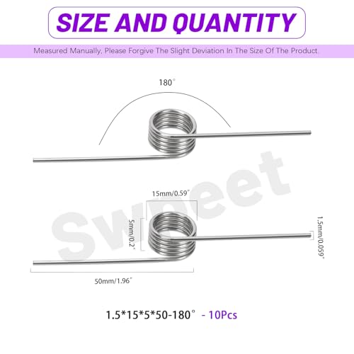 Swpeet 10pcs 180 Grad Edelstahl Torsionsfedern 1,5 mm Drahtdurchmesser 15 mm Außendurchmesser, 50 mm winzige Torsionsfeder Mechanische kleine Torsionsfeder für Heimreparatur Holzbearbeitung