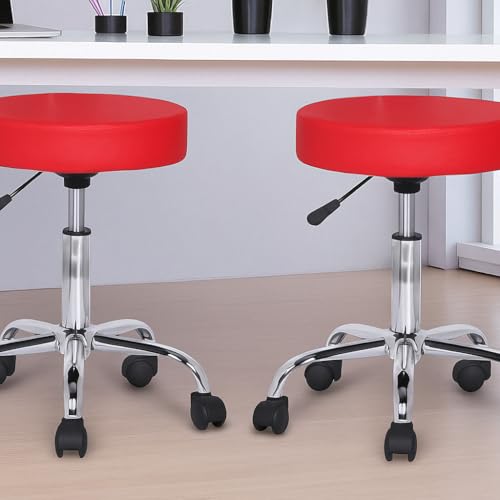 Image of Adjustable Rolling Office Stool, Red Padded Seat, Chrome Base, Swivel Task Chair with Wheels for Home, Salon, Medical