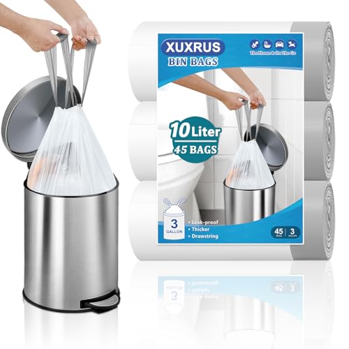 XUXRUS 10L Drawstring Bin Liners - 45 Strong White Trash Bags with Tie Handles for Bathroom, Kitchen, Office, and Bedroom Pedal Bins