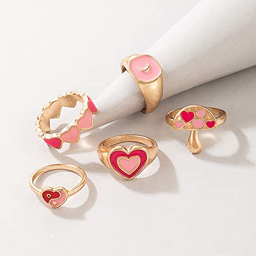 Hujuon 5Pcs Colorful Enamel Love Heart Band Rings Sets,Cute Mushroom Daisy Flower Taiji Yinyang Windmill Butterflye Knuckle Stacking Finger Ring For Women (Style A) #TOP6
