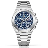 BENYAR BY-5220m - Reloj cronógrafo para hombre, diseño de fase lunar, reloj de pulsera analógico de cuarzo de acero inoxidable impermeable de 40 mm para hombre, Azul plateado., Clásico