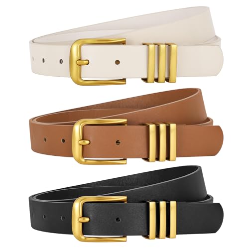WERFORU 3 Pack Women’ Leather Belt with Square Gold Buckle