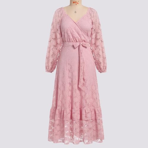 AWIBMK Mommy and Me V Neck Floral Lace Ruffle Long Dress Long Lantern Sleeve Fall Winter Mom Daughter Outfits with Belt2