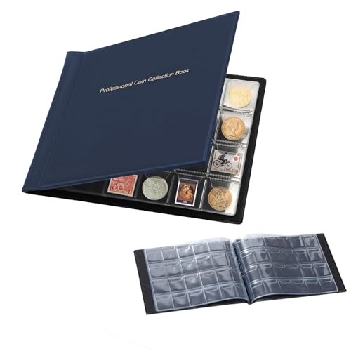 240-Pocket Coin Collection Album – Blue Coin Collectors Book with Display Storage Case, Organiser Sleeves for Coins, Pennies, Currency & Money Collections