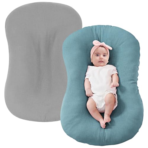 Image of FUNUPUP Muslin Baby Lounger Cover Only, Grey & Blue | 100% Muslin Cotton Soft Breathable Easy On /Off Envelope Closure Machine Washable Easy-Clean Protector Neutral Colors