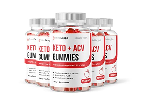 Trim Drop ACV Gummies 1500mg Once a day, Apple Cider Vinegar Ketosis Drops Strong Time Released Formula, Ketogenic Support Supplement, Ketos Shark Gummy, (5 Pack) Five Bottles, 150 Day Supply Tank
