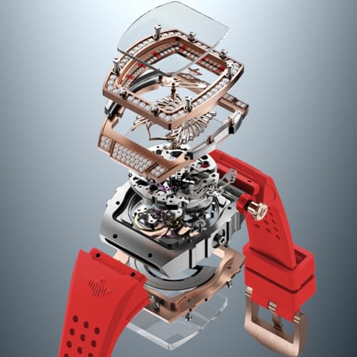 Image of OUPINKE Automatic Watches for Women Fashion Hollow Skeleton Squre Womens Watches Diamonds Rose Gold Waterproof Luminous Mechanical Ladies Watches Red White Soft Silicone Strap