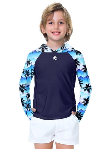 Image of AOBUTE Unisex Kids Long Sleeve Hoodie Rash Guard Boys UPF 50+ Swim Top with Thumb Hole 3-12 Years