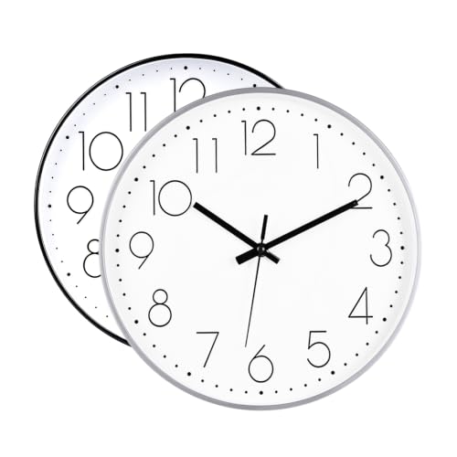 2 Pack Black&Silver Wall Clock 12" Silent Wall Clocks Battery Operated