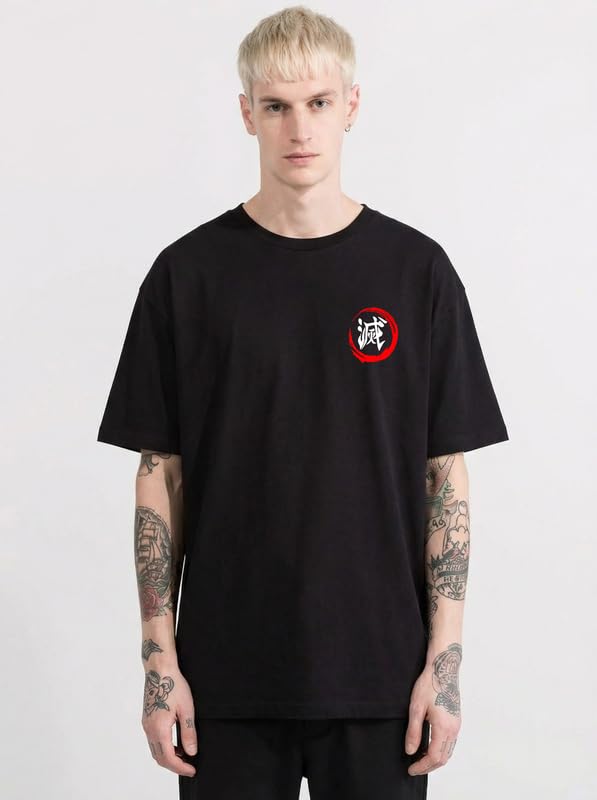Image of Anime Printed T Shirt for Men | Demons Slayer Giyu Graphic Cotton Oversized Drop Shoulder | Black Round Neck Short Sleeve | Lightweight Casual Wear