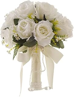 Odoukey Bridal Bouquets, Bridesmaid Bride Holding Bouquet, Silk Artificial Rose Flower Bouquet with Ribbon, Wedding Holding Flowers for Wedding Party Engagement Decoration