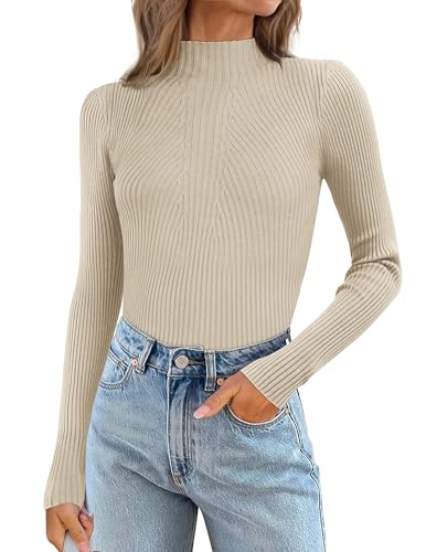 Image of ATHMILE Women's 2026 Fall Long Sleeve Pullover Ribbed Knit Sweater Low Mock Neck Slim Fit Basic Casual Tee Tops