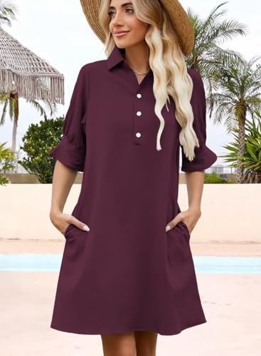 Image of Womens Summer Shirt Dress 2026 Casual Ruffle Short Sleeve Button Down Flowy Swing Shift Mini Dresses with Pockets