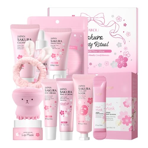 10 Pcs Sakura Skin Care Set, Cherry Blossom Gift Sets with Cleanser, Toner, Serum, Eye Cream, Tone Up Cream, Mud Mask, Peel Off Mask, etc, Facial Kit Daily Care for Women Girls, Mother's Day Gifts