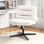Giantex Criss Cross Legged Chair, No Wheels Armless Home Office Desk Chair, Height Adjustable Mid-Back Makeup Vanity Chair, PU Leather Wide Swivel Computer Task Chair for Bedroom, Study (White)