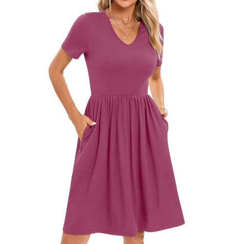 Image of Women's Spring Casual Short Sleeve A-Line Midi Loose Fit Teacher Dresses T-Shirt Flowy Work Travel Sundress with Pockets 2026