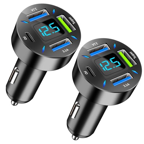 2 PCS 4 Puertos Cargador Mechero USB Carga Rapida, 66W Super y QC3.0 & PD 4 Puertos Cargador Movil Coche con Voltímetro Led Compatible con iPhone Android Samsung Móviles y Tablets