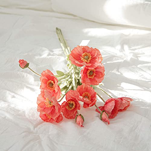 Kamang Artificial Poppy Red Silk Flowers (3 Stems) For Home Decor. Faux Poppy Flower Centerpiece. Artificial Red Coral Flower Arrangement. Red Poppy Floral Arrangements Centerpieces (Rose Coral) #TOP1