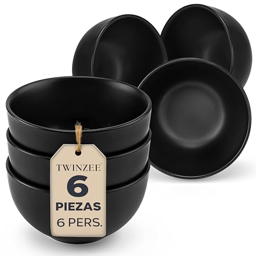 Twinzee Juego de 6 Tazones para Cereal, 6 Personas - Juego de Vajillas Completas de Gres, Aptos Microondas - Elegantes Platos Negro - Colección Ebony