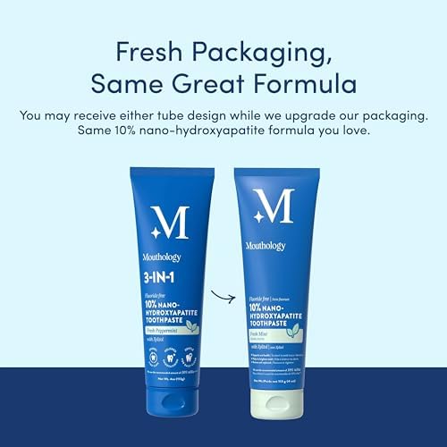 Mouthology 10% Nano Hydroxyapatite Toothpaste Fluoride Free, Whitening*, Rod Shaped nHA, Xylitol Toothpaste for Adults, Enamel Care*, Sensitive Teeth*, SLS Free, Mint 4oz (USA Made) Package May Vary