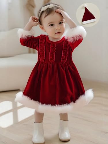 Baby Girl Christmas Outfit Santa Romper Dress Long Sleeve Red Velvet Princess Dresses Christmas Party Dress2